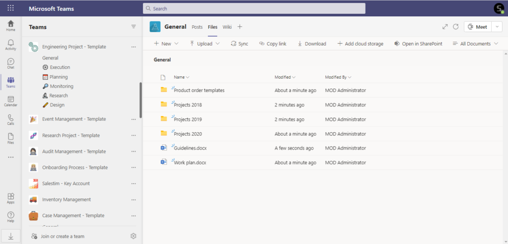 Microsoft teams template for `research and development project: files and folders