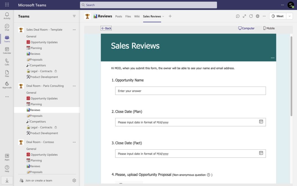 sales deal room Microsoft Forms template