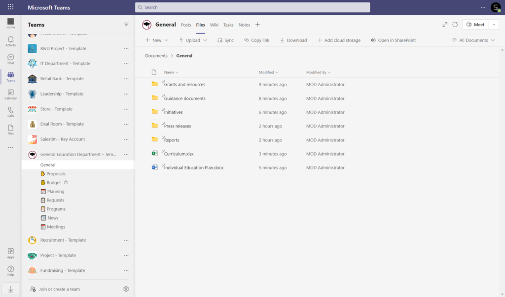 government template for Microsoft Teams: files for ministry of education